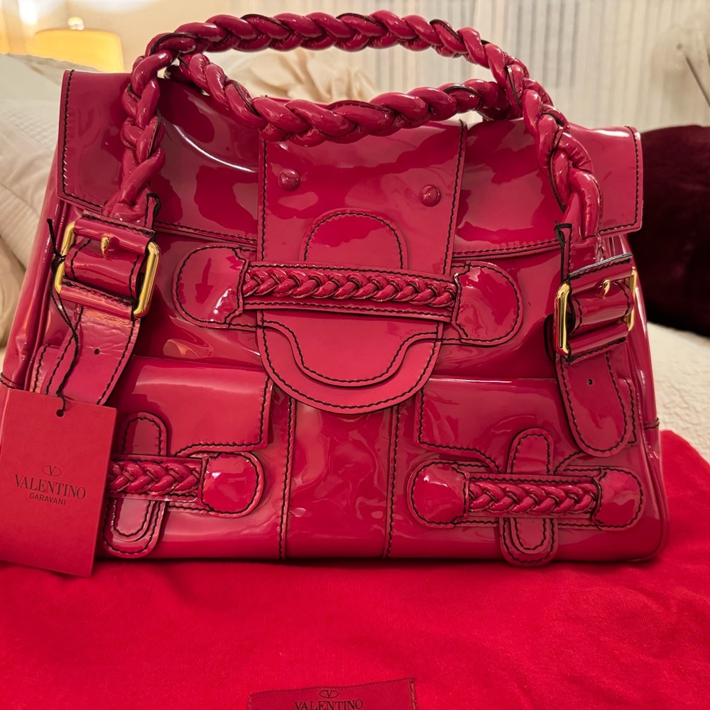 Valentino Braided Patent Leather Shoulder Bag Fuschia